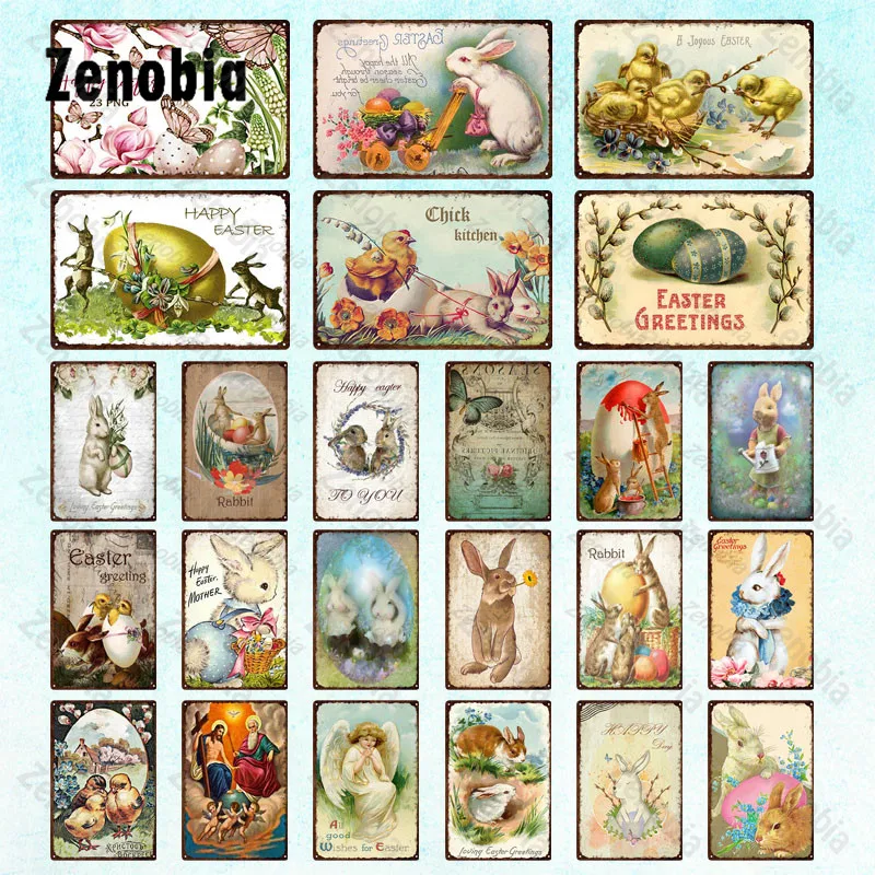 

Metal Sign Wall Decor Easter Greetings Chick Kitchen Rabbits Metal Poster Tin Sign Plate Flowers Butterfly Garden Home Decor