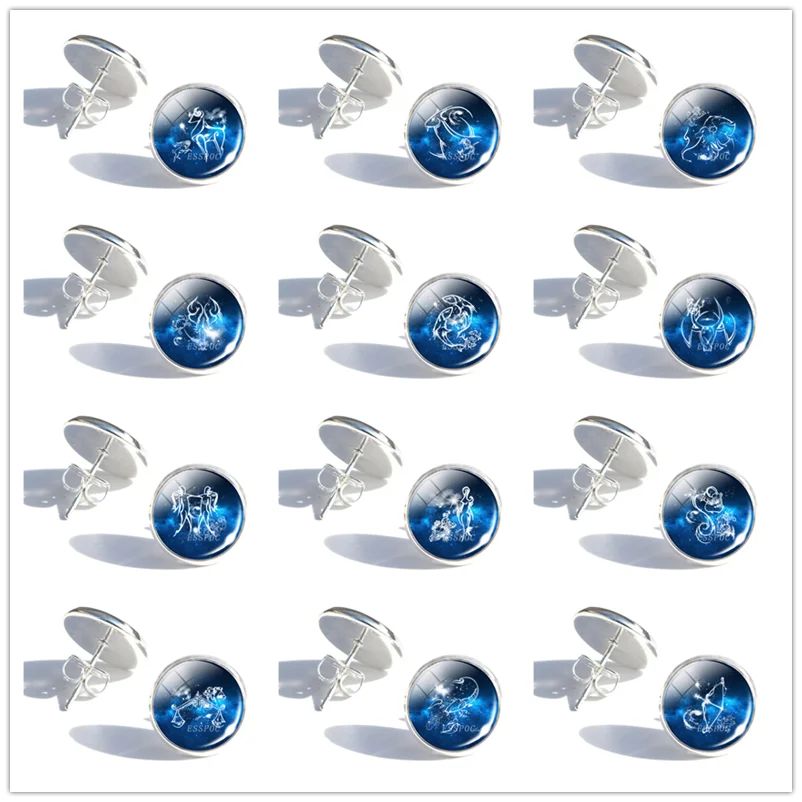 

12 Constellations Stud Earrings Scorpio Gemini Leo Taurus Virgo Libra Glass Dome Earrings for Women Mom Birthday Gifts