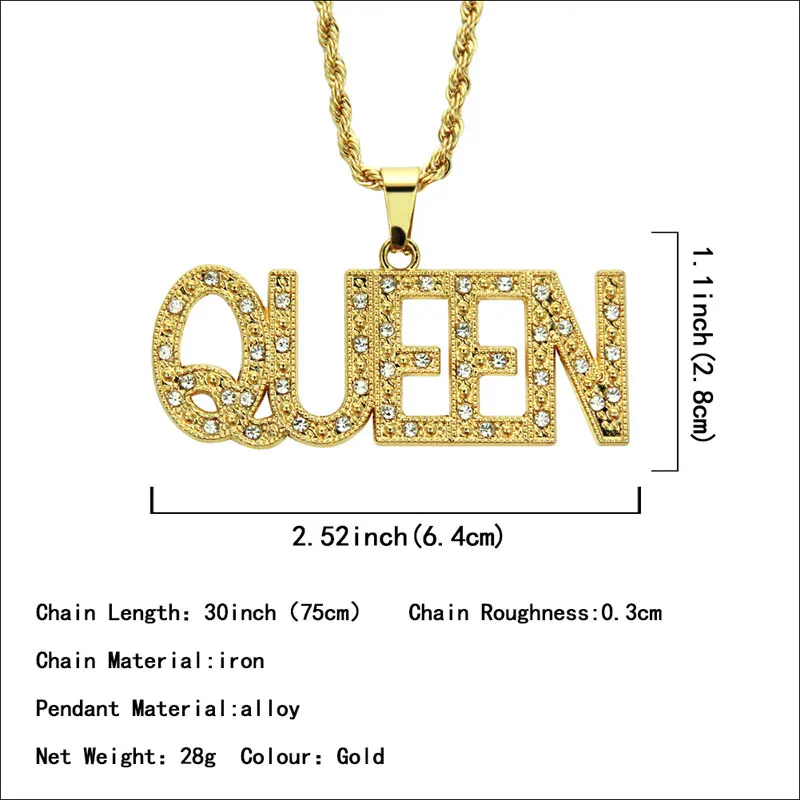 

Mens Iced Out Crystal Letter QUEEN Pendant Necklaces Gold Plated Chain Hip Hop Rapper Jewelry Gift