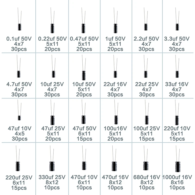 

500pcs/lot Aluminum Electrolytic Capacitor Kit 24values 10V~50V 0.1uf~1000uf Capacitors Set Assorted kit with storage box