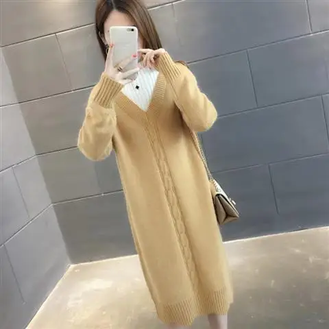 

Women Autumn Winter Solid V-neck Knit Dresses Female Casual Mid-length Pullover Dress Ladies Loose Simple Sweater Dress P60