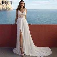 jeheth lace applique chiffon beach wedding dresses illusion v neck a line slit side bridal gown custom size vestidos de novia