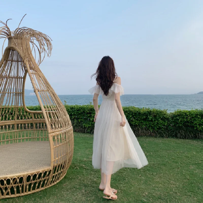 

Korean Chic Summer Women Long Tulle Dress Slash Neck Ruffles Apricot Holiday Beach Dress Off Shoulder Bandage Sweet Mesh Dresses