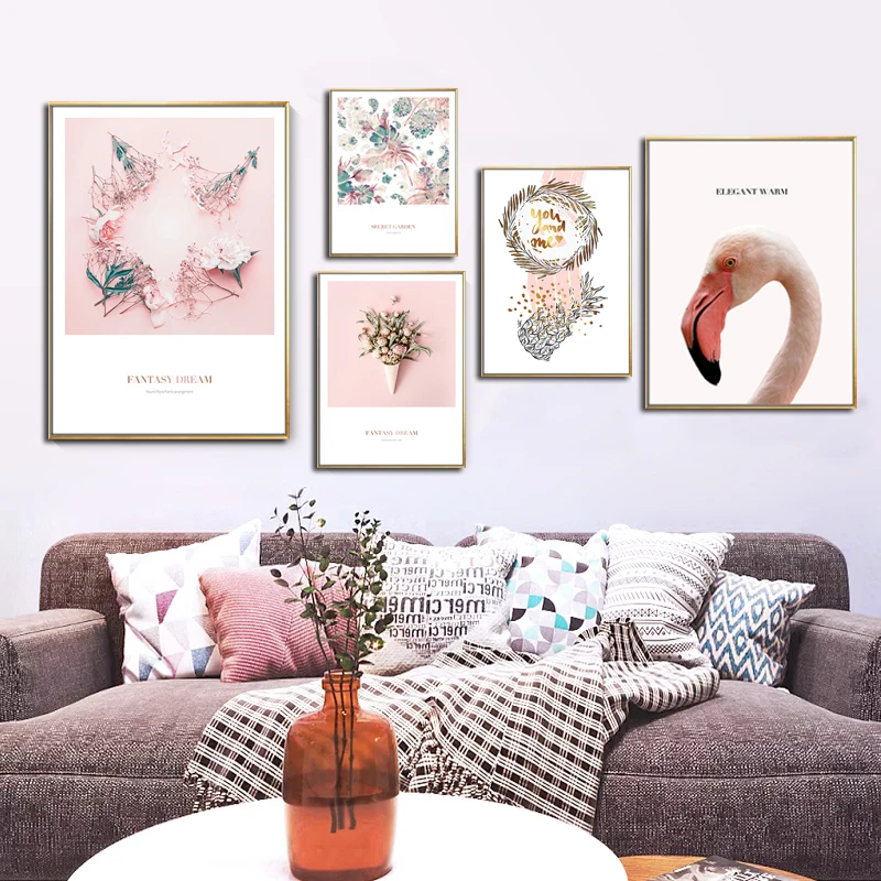 Скандинавские розовые цветы животные птицы холст украшение картина без рамки
