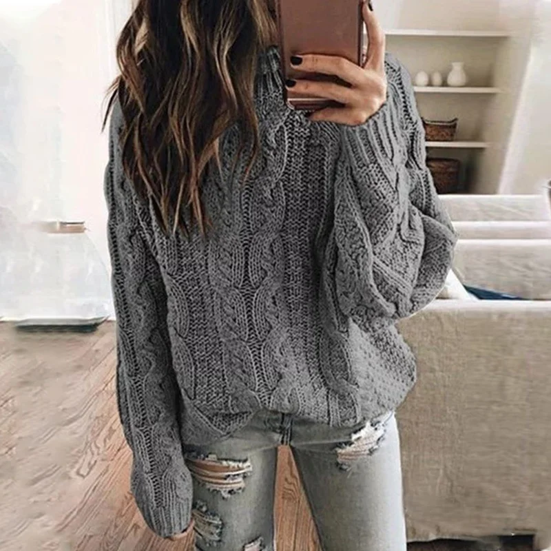 Женский вязаный свитер с высоким воротником однотонный Свободный пуловер