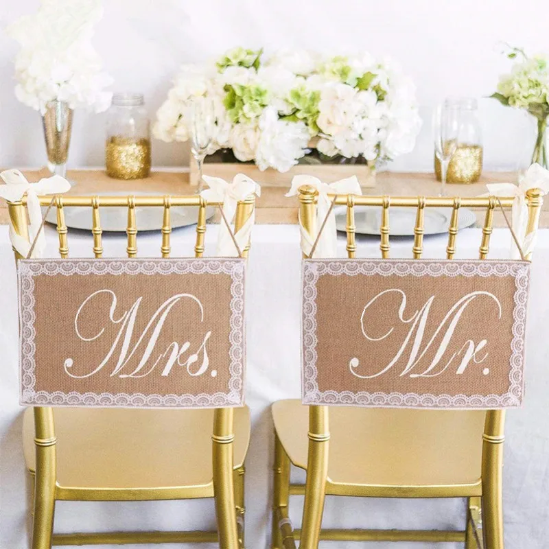 Деревенские Свадебные плакаты знаки Mr and Mrs знак стула винтажные Свадебные украшения стул с джутовым баннером знак AA8041