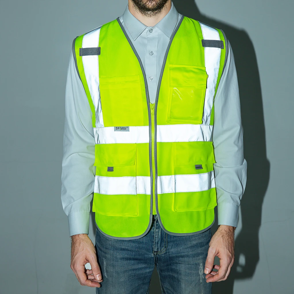 Hi-Vis жилет безопасности W/Zipper Светоотражающая куртка безопасности жилет 4 кармана пальто безопасности рабочая одежда 73 см