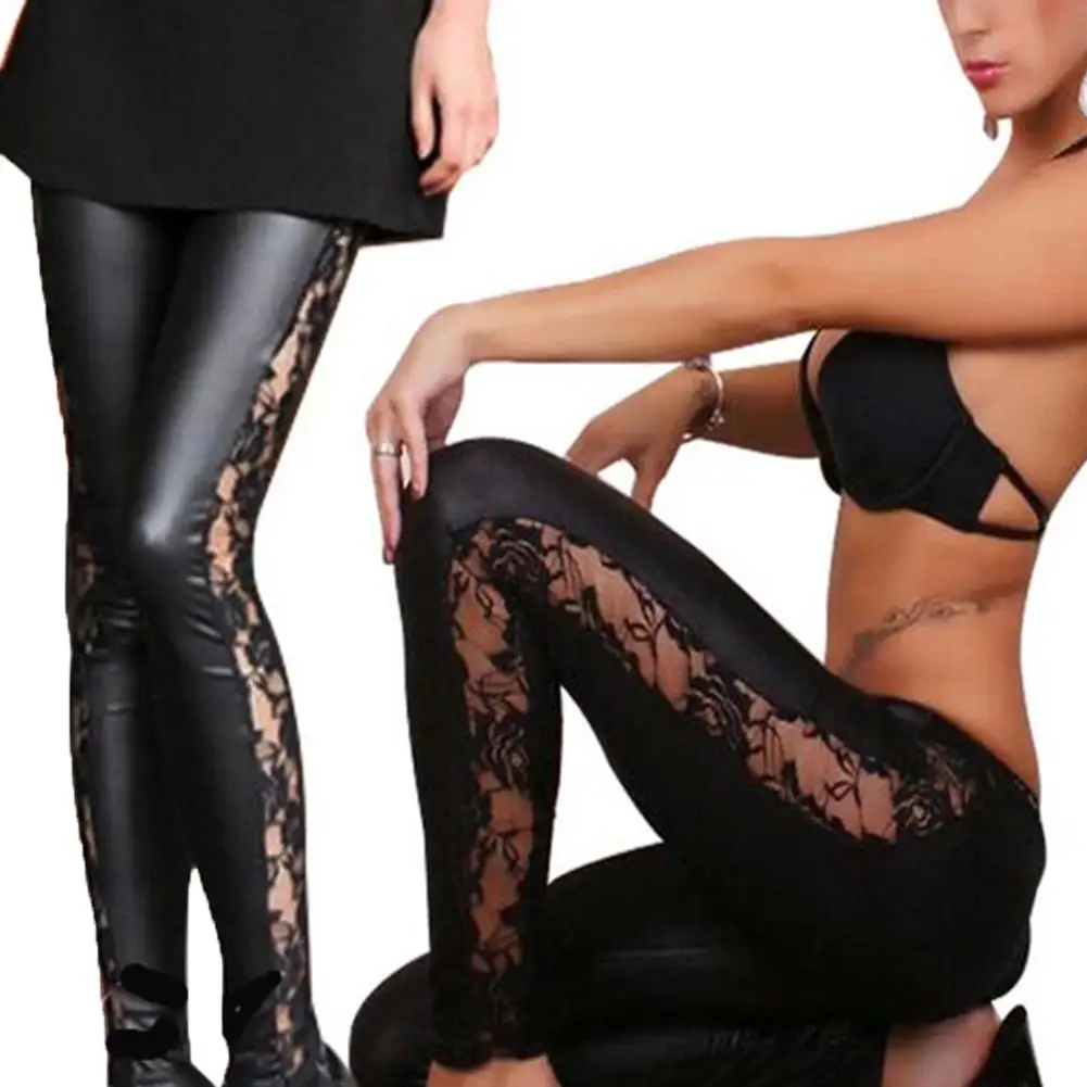 Женские Эластичные выдалбливают кружева сшивание искусственная кожа леггинсы