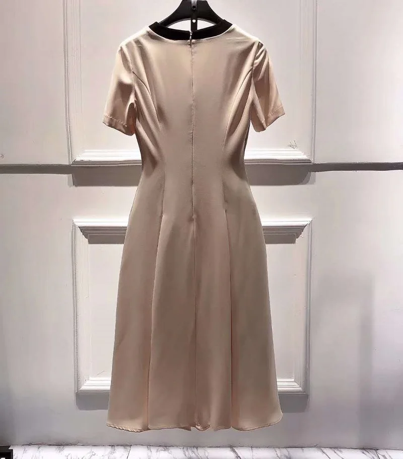 

New Top Quality Summer Dress 2021 Style Women V-Neck Crystal Beading Button Deco Short Sleeve Large Swing Apricot Blue Dress XXL