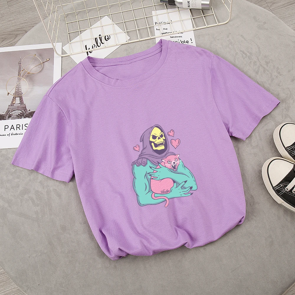 Cute Skull Cat T-Shirt Unisex Aesthetic Grunge Black Tee Gothic Clothing Witch Shirt Womens Short Sleeve Harajuku Chic T Shirts | Женская