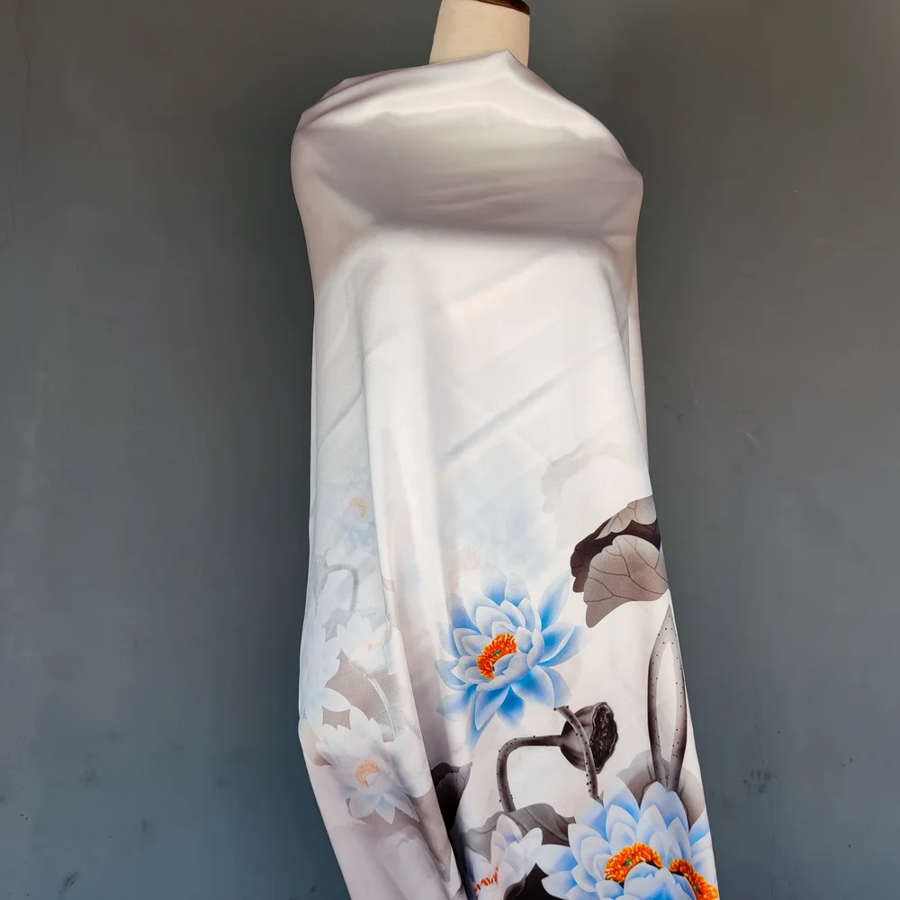 

pure silk silk charmeuse fabric Blue lotus pink lotus pattern silk elastic cloth multicolor silk silk sell by piece