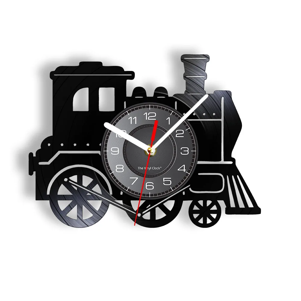Steam Train Longplay Record Wall Clock Old Steam Engines Retro Vinyl LP Wall Watch Steampunk Industrial Style Hanging Wall Decor