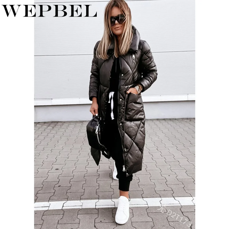 

WEPBEL Women Winter Long Parkas Ladies Turn Down Collar Oversized Shiny Jackets Female Solid Thick Big Pockets Loose Overcoat