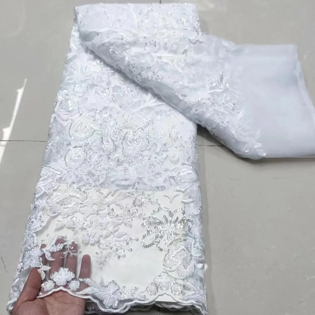 (5 yardas/pc) de alta calidad de color nude Red de encaje francoafricano tubo cuentas tul bordado tela de encaje para el vestido de boda FYY038-2
