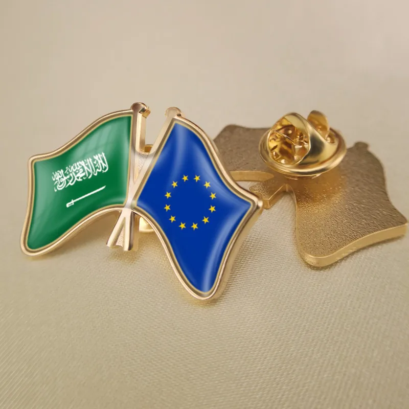 

European Union and Saudi Arabia Crossed Double Friendship Flags Brooch Badges Lapel Pins