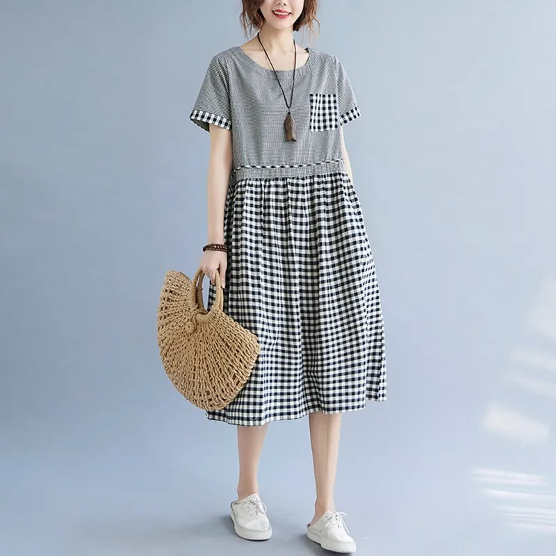 

Женское хлопковое повседневное длинное платье, элегантное клетчатое свободное платье-трапеция в винтажном стиле с круглым вырезом, Новое п...