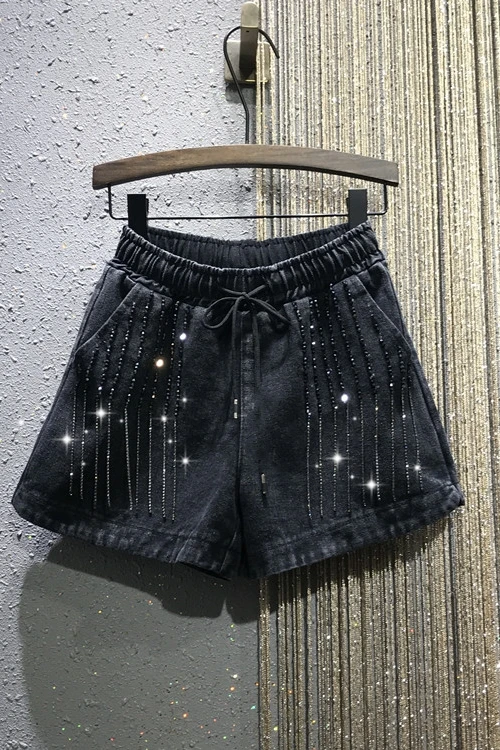 

IEQJ 2021 Summer New Pattern Black Patchwork Pockets Beading Tassel High Waist Vintage Shorts Women Large Size 3AJ67301XL