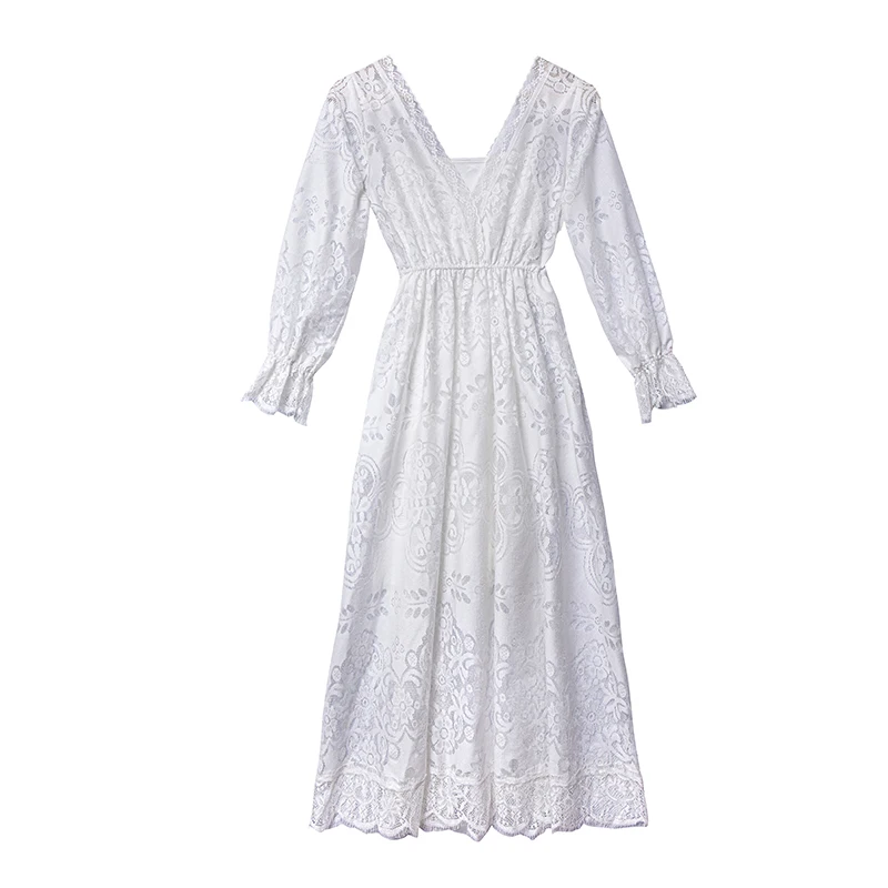 

White Lace Fairy Dress Women 2021 Vintage V-Neck Petal Sleeve Floral Long Beach Dresses For Holiday Date Birthday Vestidos Festa