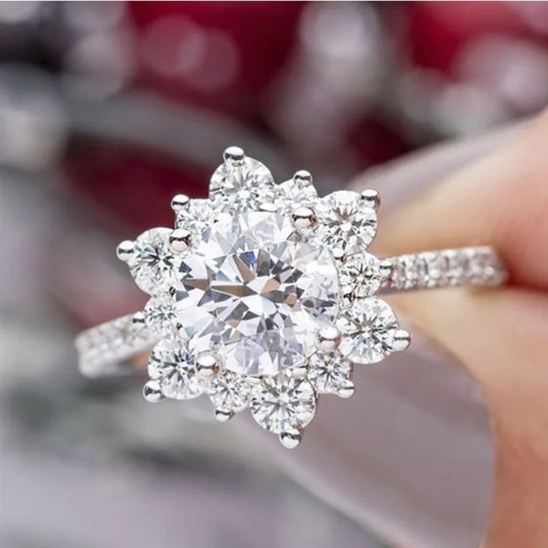

Delicate Ladies Snowflake Flower Floral Shaped Inlaid Sparkling Crystal Rhinestone Zircon Metal Ring for Women Wedding Jewelry
