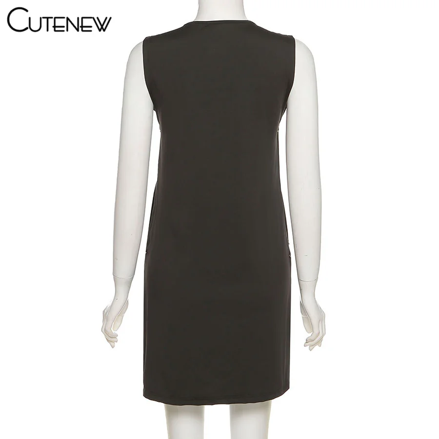 

Cutenew Casual Printed Button Mini Dresses Sleeveless Sexy Side Split Women 2021 Active Workout O-Neck Street Style Basic Dress