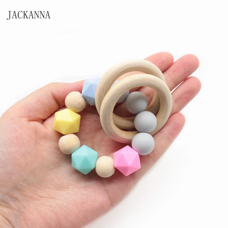 Baby Teether Bracelet Organic Wood Ring Rattle Teething Toy Silicone Beads Nursing Bracelets Chewable Teethers | Мать и ребенок
