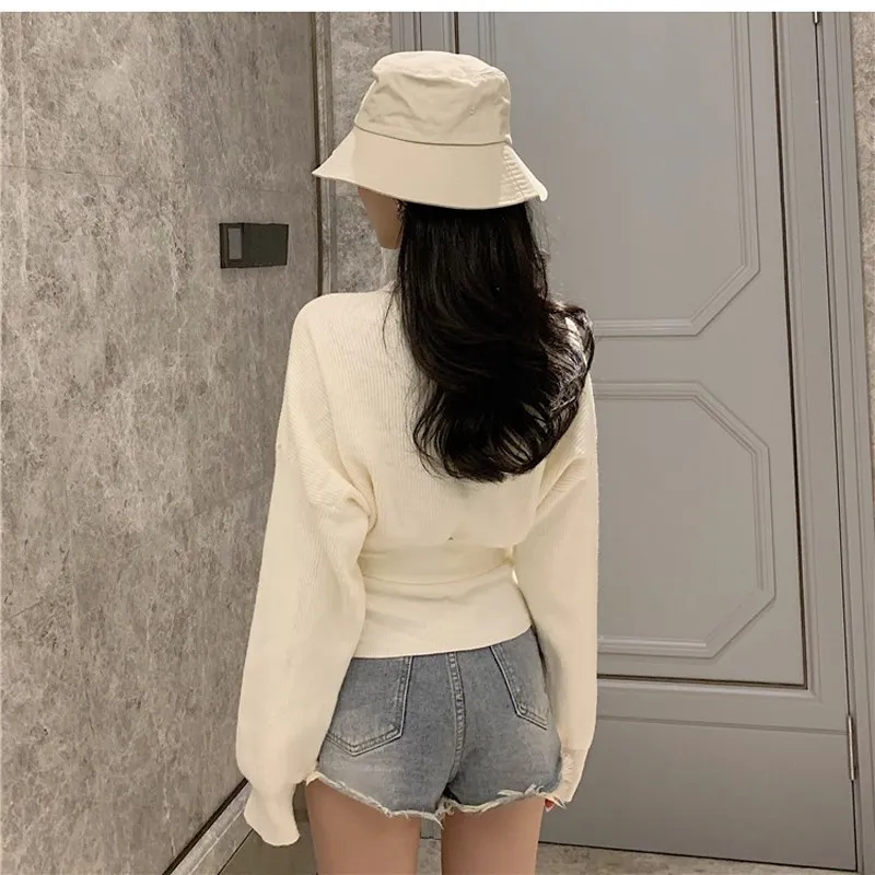 Fashion Elegant V Neck Double-Breasted Sashes Cardigan Office Lady Women Knitted Harajuku Sweater Ladies Jumpers |