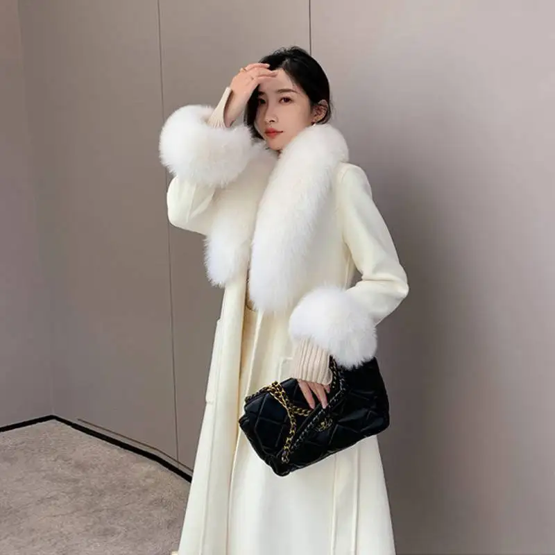 Elegant Woolen Jacket Women Big Fur Collar Lamb Plush Coat Fall Winter 2021 New Female Wool Coat With Belt Oversized Outerwear