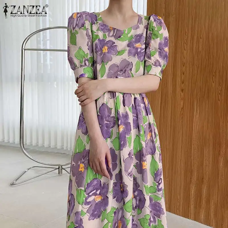 

ZANZEA 2021 Vocation O Neck Robe Casual Puff Sleeve Trendy Vestidos Fashion Bohemian Printed Maxi Dress Women Summer Sundress