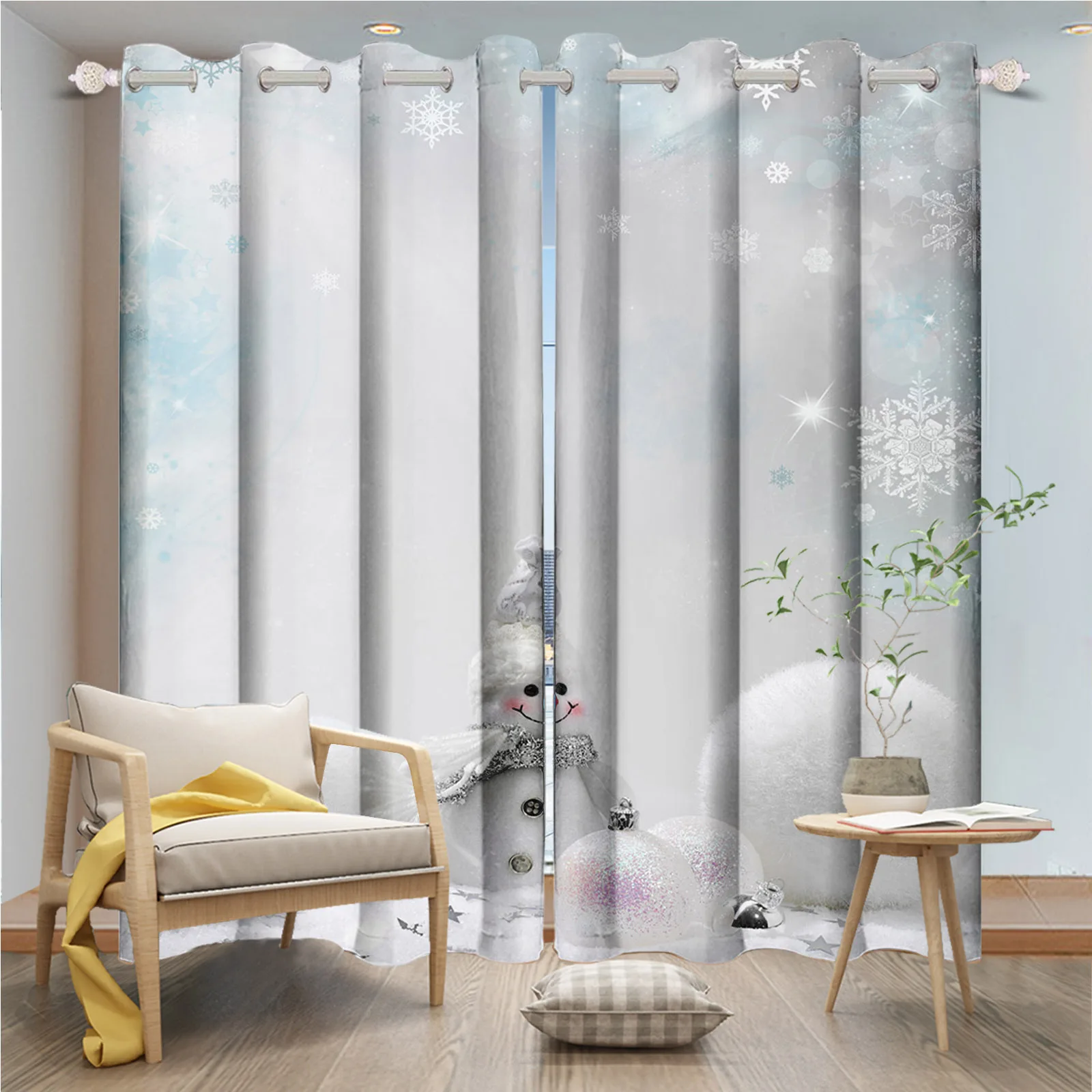 

Modern Style 3D Printing Snowman Snowflake White Curtains Snow Landscape Living Room Bedroom Sunshade Treatment Drapes