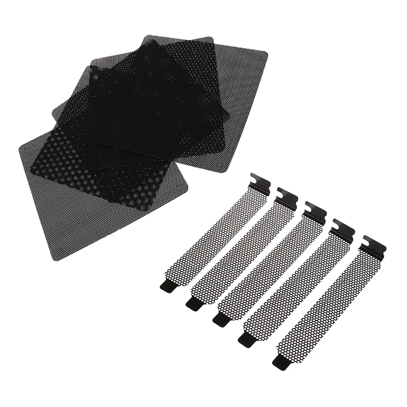 

5pc 12mm PVC Computer PC Cooler Fan Filter Black Dustproof Case Cover Mesh Pack + 5pc Dust Filter Blanking Plate PCI Slot Cover