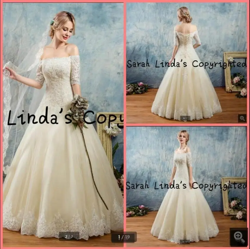 

2021 real picture champagne tulle a line wedding dress off the shoulder half sleeve modest lace appliques bridal gowns hot sale