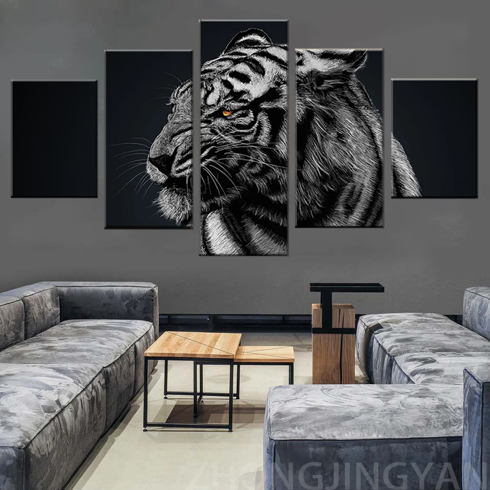 Современные холщовые картины HD печатные настенные 5 шт. лес животные тигр