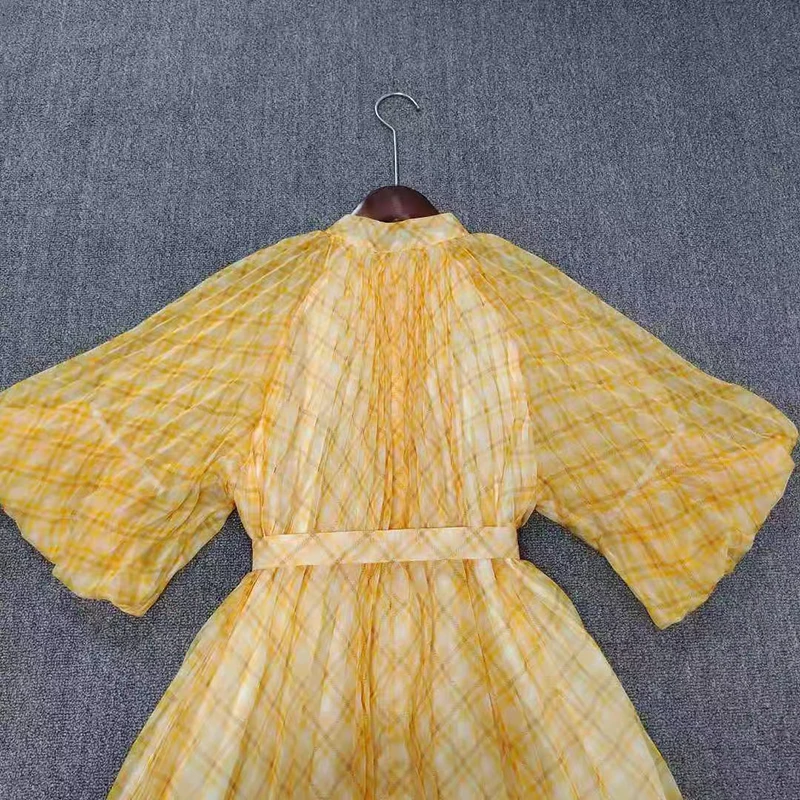 

VGH Casual Pink Plaid Dress For Women Stand Collar Puff Short Sleeve High Waist Sashes Slim Mini Dresses Female 2021 Fashion New