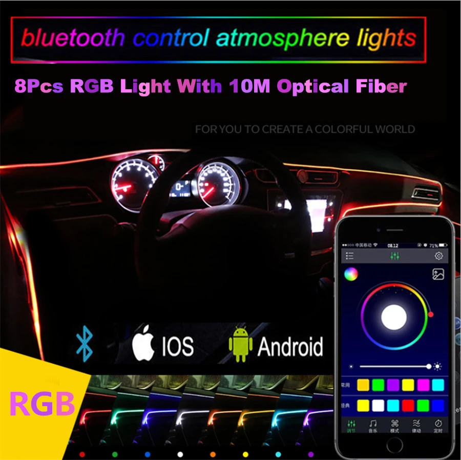 10 м RGB волоконно-оптические атмосферные лампы 8 лампа источник салона автомобиля окружающий светильник декоративная приборная панель дверь управление приложением