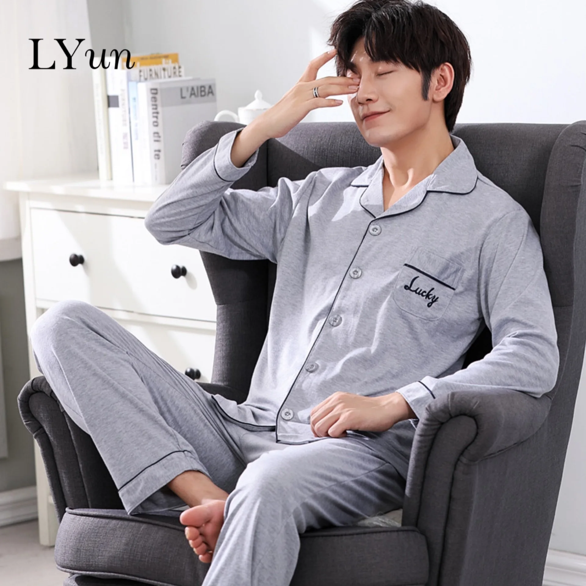 Мужская Хлопковая пижама LYun серый Домашний Светильник с длинными рукавами