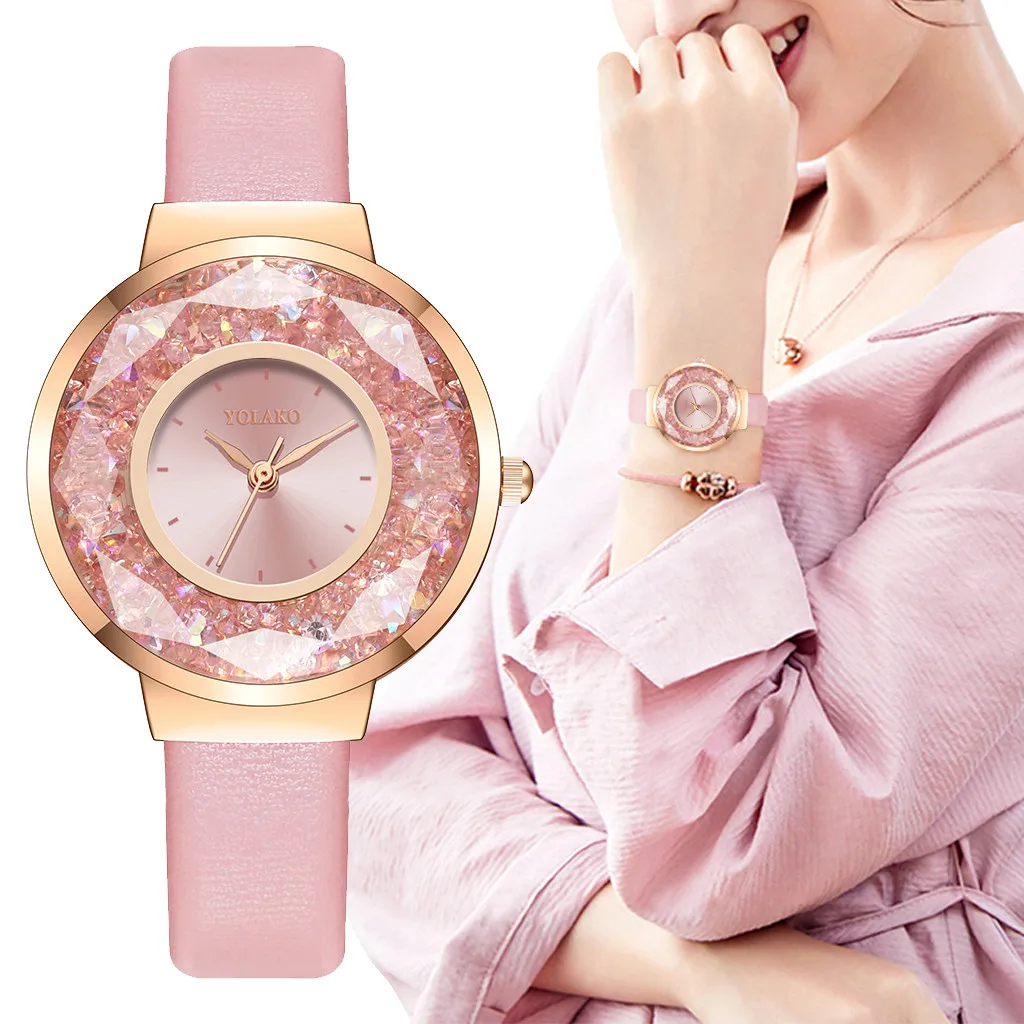 

Women Leather Moving Diamond Watch Luxury Ladies Quartz Wrist Watches Clock All-match Clothing Reloj Mujer Relogio Feminino
