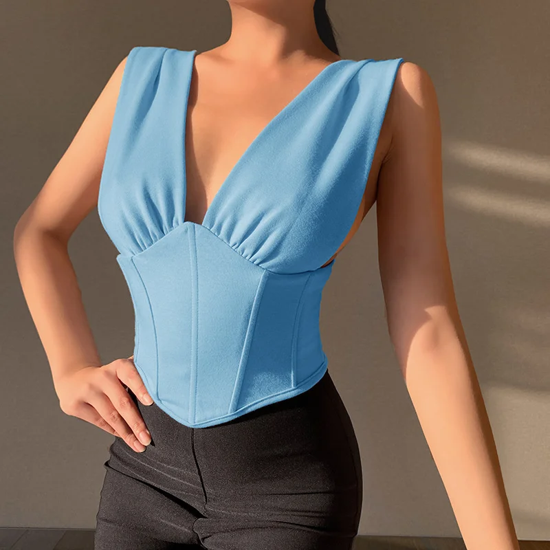 

Sexy 2021 Deep V Neck Corset Top Women Low Cut Fashion Female Tshirt Casual Party Vest Elegant Blue Lady Chic Crop Top
