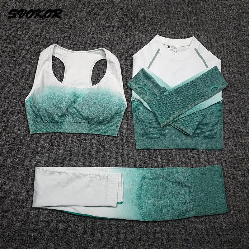 

SVOKOR Gym Seamless Yoga Set Workout Fitness Clothing Sport Wear Women Gradient Crop Top Sports Bra Leggings Suit Female