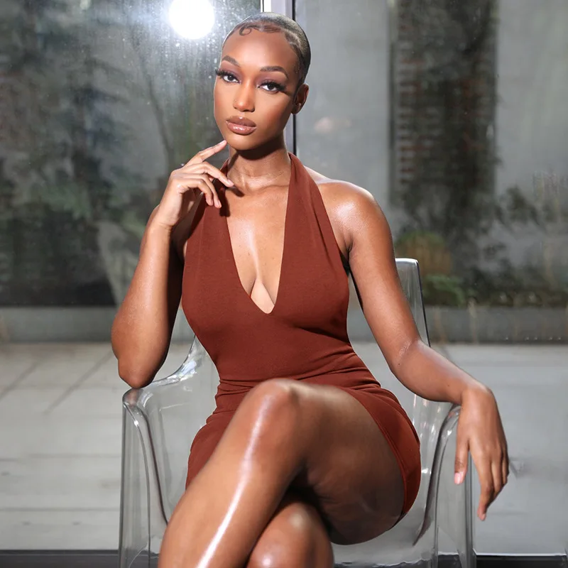 

Sexy backless mini dress in solid color summer dress club holiday party sleeveless bow neck dress
