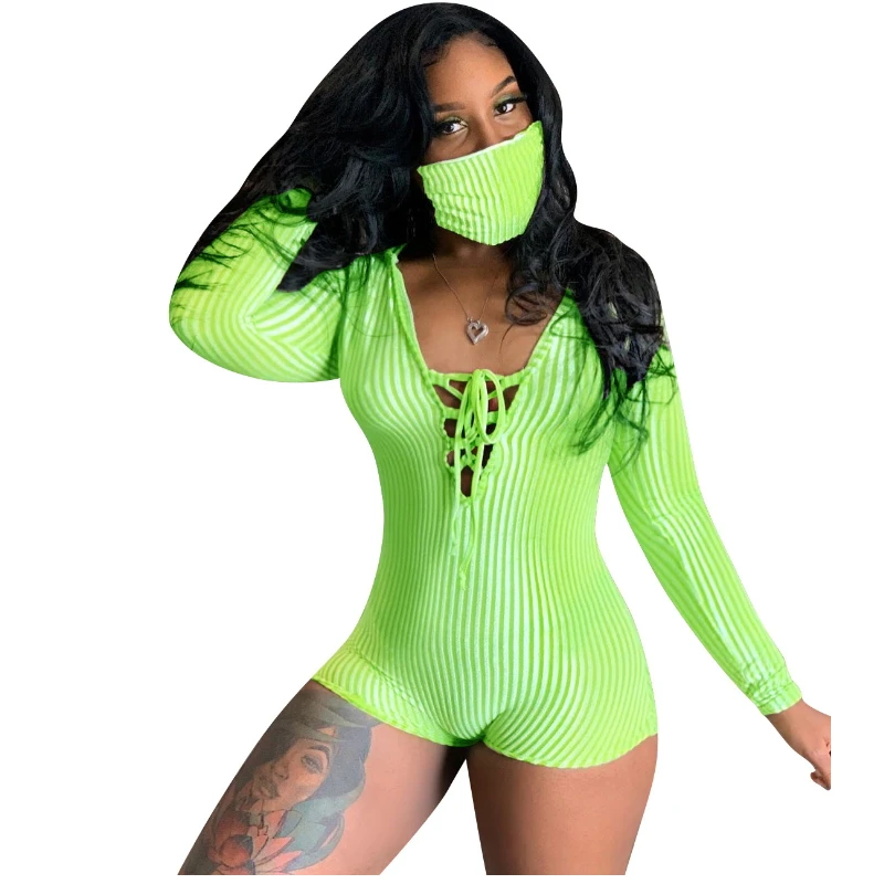 

Fluorescent Green Bandage Playsuits For Women Ribbons Lace Up Front Hoodies Bodycon Bodysuit Sexy Leotard Shorts Tight Slim Fit
