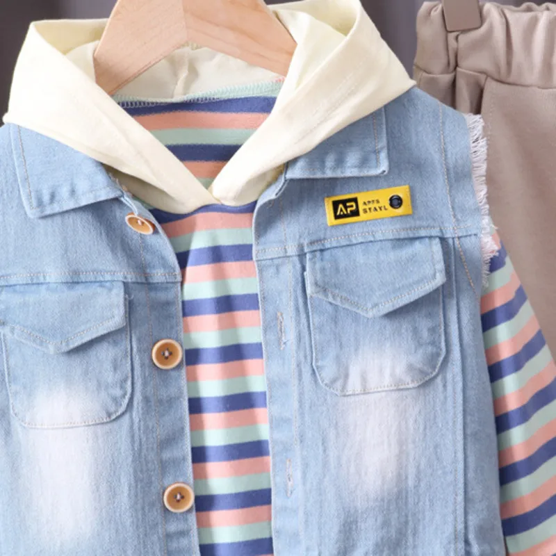 

Spring Autumn Baby Boy Girls Cotton Clothes Children Stripe Hooded Denim Vest Pants 3Pcs/sets Out Kid Fashion Toddler Tracksuits