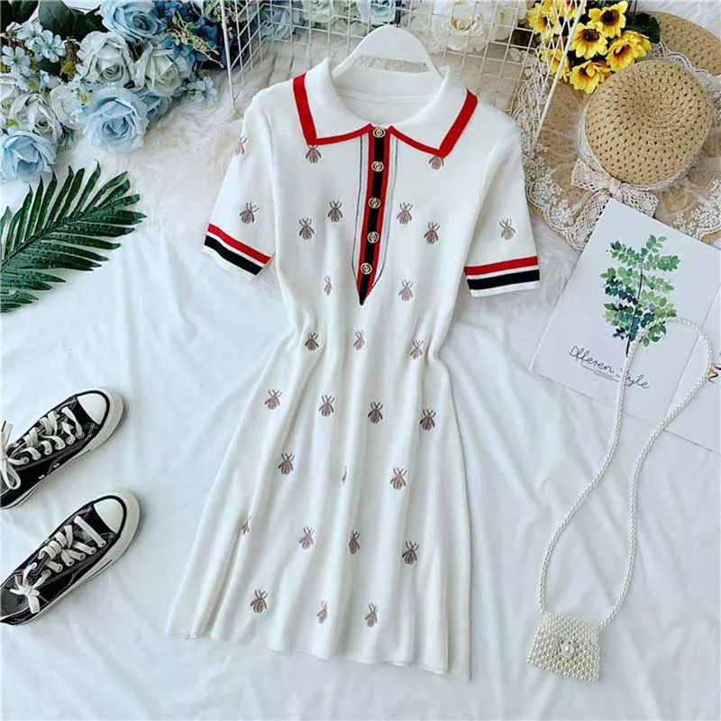 30571white NiceMix Осенние повседневные платья, женское платье трапециевидной формы с вышивкой пчелы, вязаное элегантное платье с длинным рукавом, женская одежда, женское платье - Цвет: 30571white