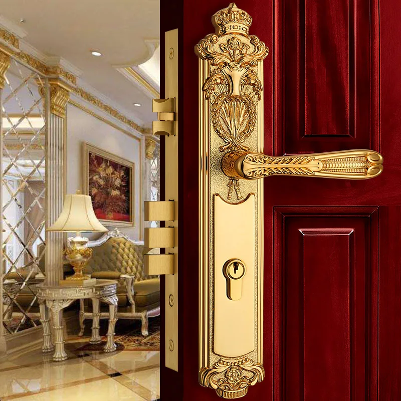 

Modern Brass Golden Europen Fashion Entrance Doors Door Lock Interior Solid Wood Panel Handle Lock Rose Golden Bedroom Bookroom