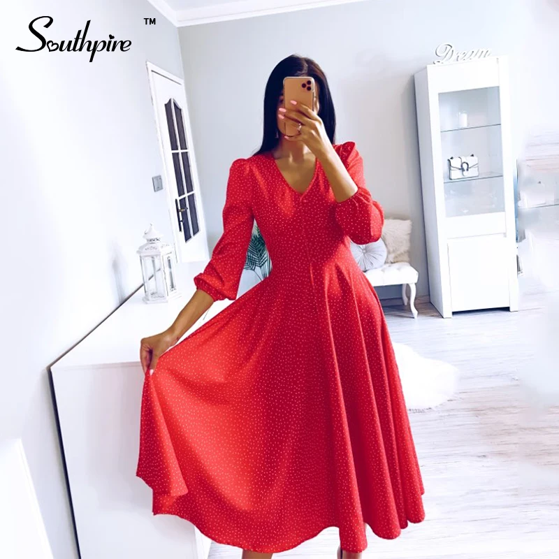 Платье женское длинное в горошек с глубоким V-образным вырезом | Женская одежда