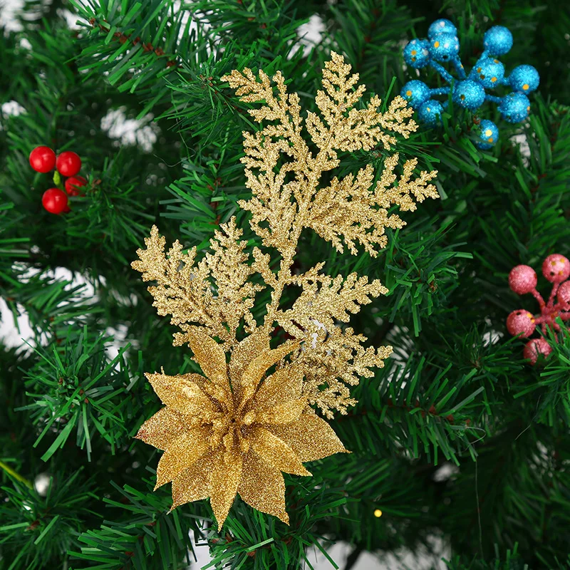 

Christmas Glitter Artificial Gold Powder Flower Christmas Ornaments Christmas Tree Decorations for Home New Year Wedding Party
