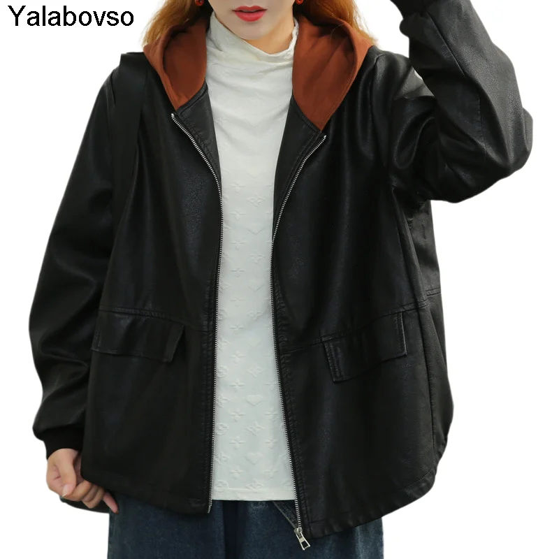 

Women's New Black Color PU Matching Leather Hooded Jacket Short Coat 2021 Autumn Daily Leisure Loose Tops For Fashion Lady