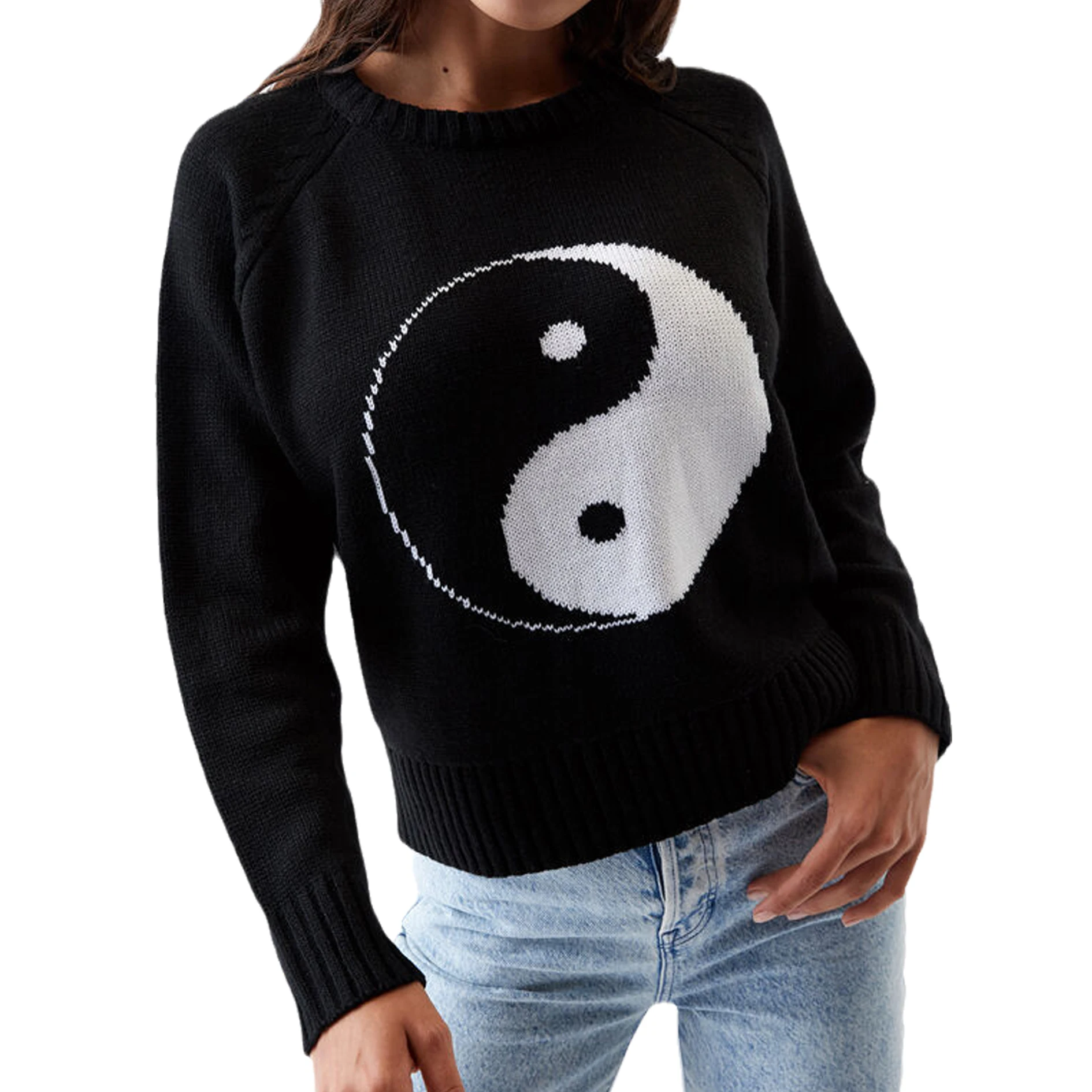 

Winter Women Long Sleeve Sweater Ladies Yin Yang Printing Casual Black Pullover