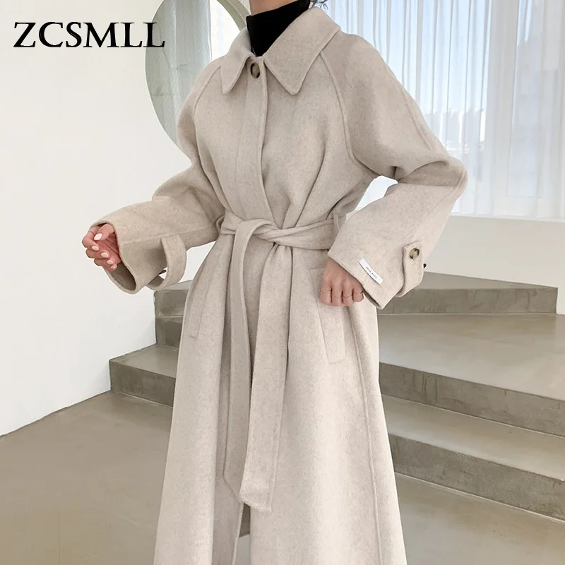 

Женское шерстяное пальто ZCSMLL, корейское осенне-зимнее Элегантное однобортное пальто средней длины с отложным воротником и длинными рукавами на шнуровке, осень 2021