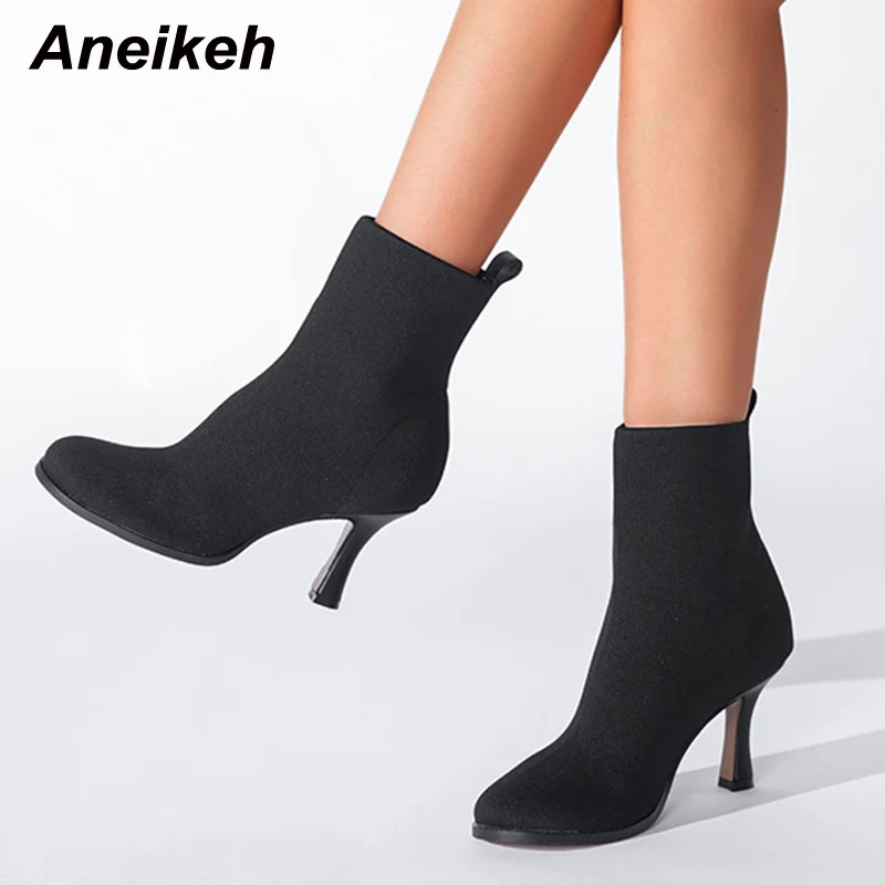 

Aneikeh ANKLE Winter Chelsea Boots Women's High Thin Heels Shoes 2022 Round Toe Fashion Flock Sewing Patchwork Slip-On NEW 36-43