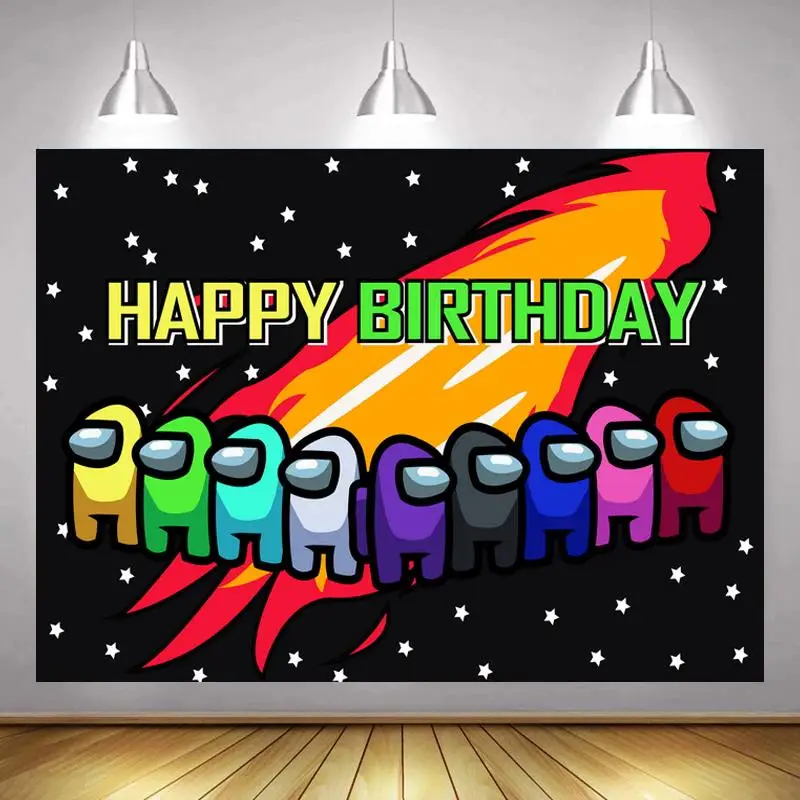 Happy Birthday Among US Kids Party Backdrop Gifts Cake Table Decor Poster Black Colorful Rockets Photo Backgrounds | Электроника
